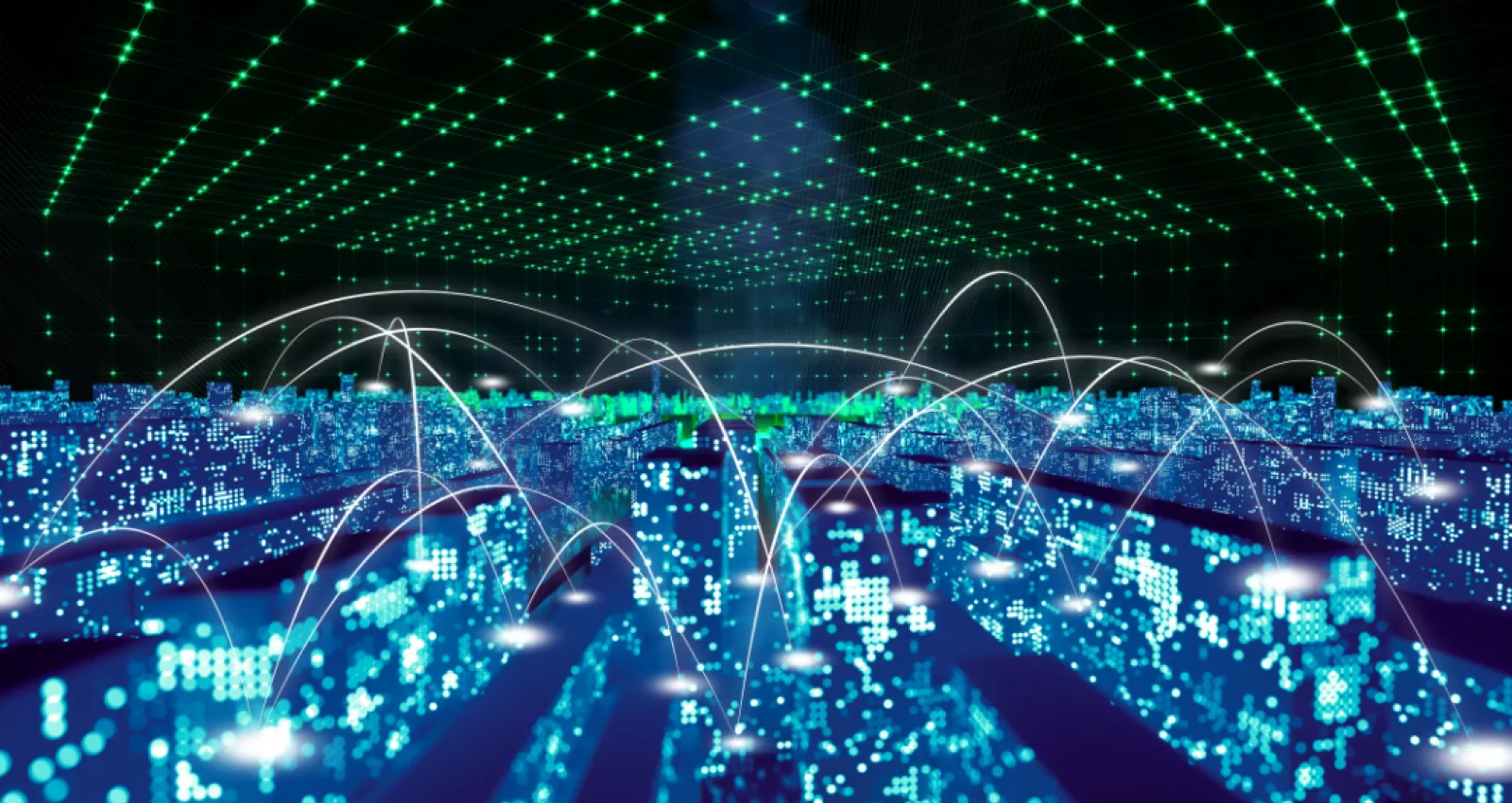 Foto de varios computadores conectados por luces tenues