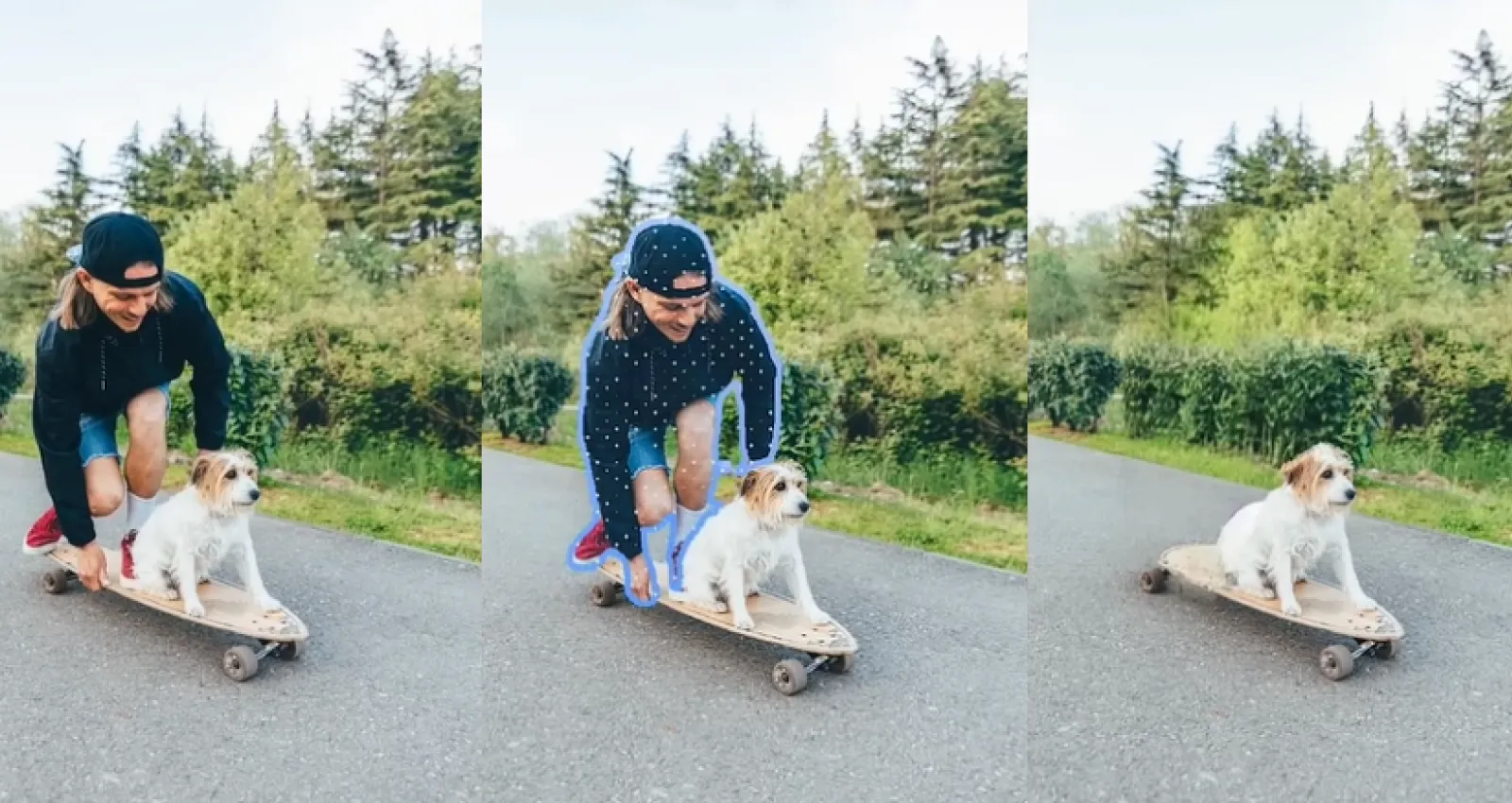 persona en un skate junto a un perro