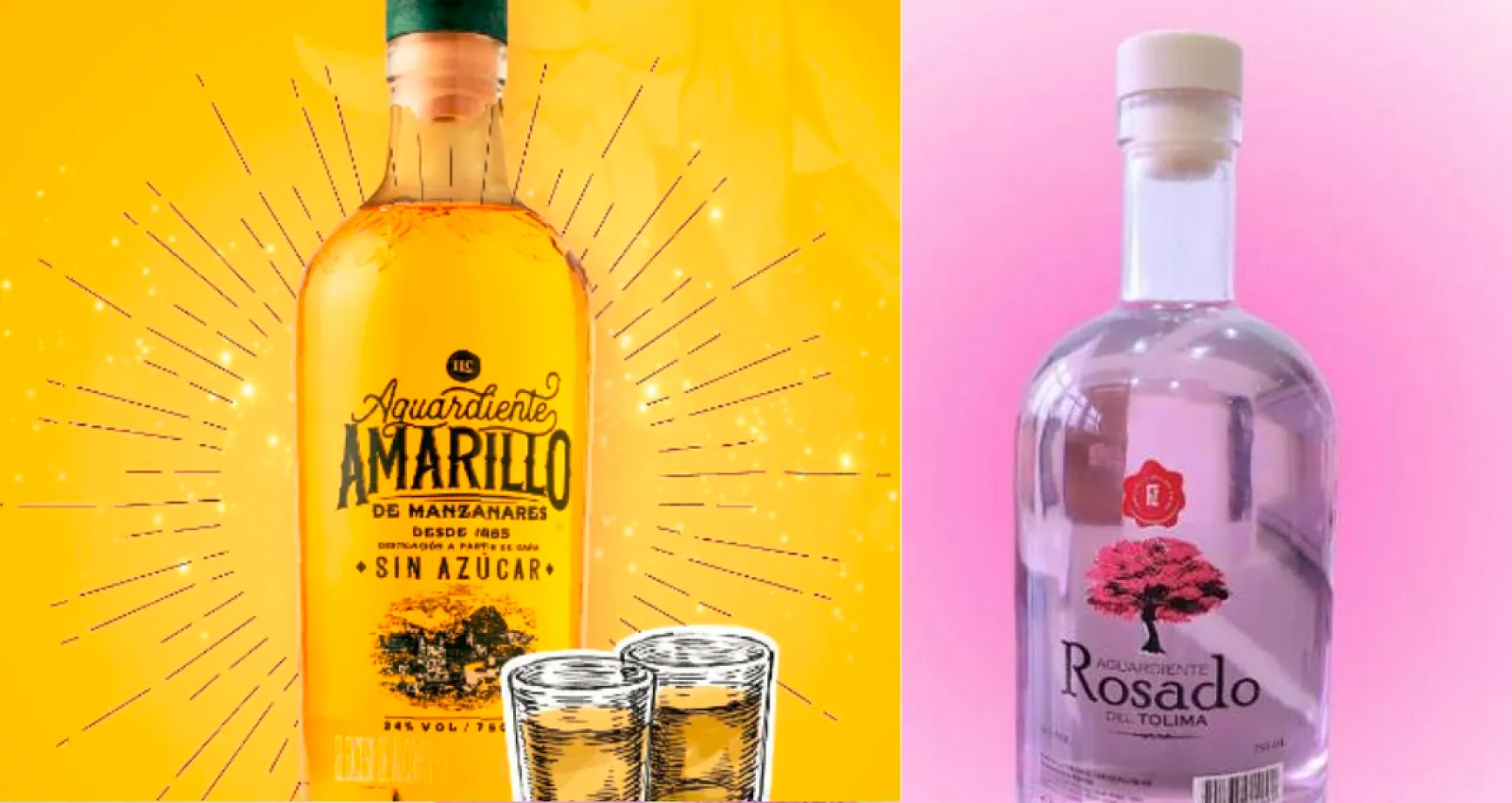 Foto de botellas de aguardiente: una amarilla y otra rosada