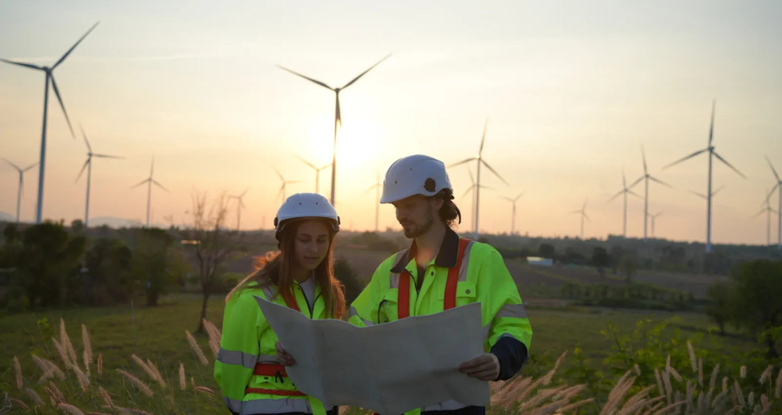 Foto de dos ingenieros mirando unos planos 