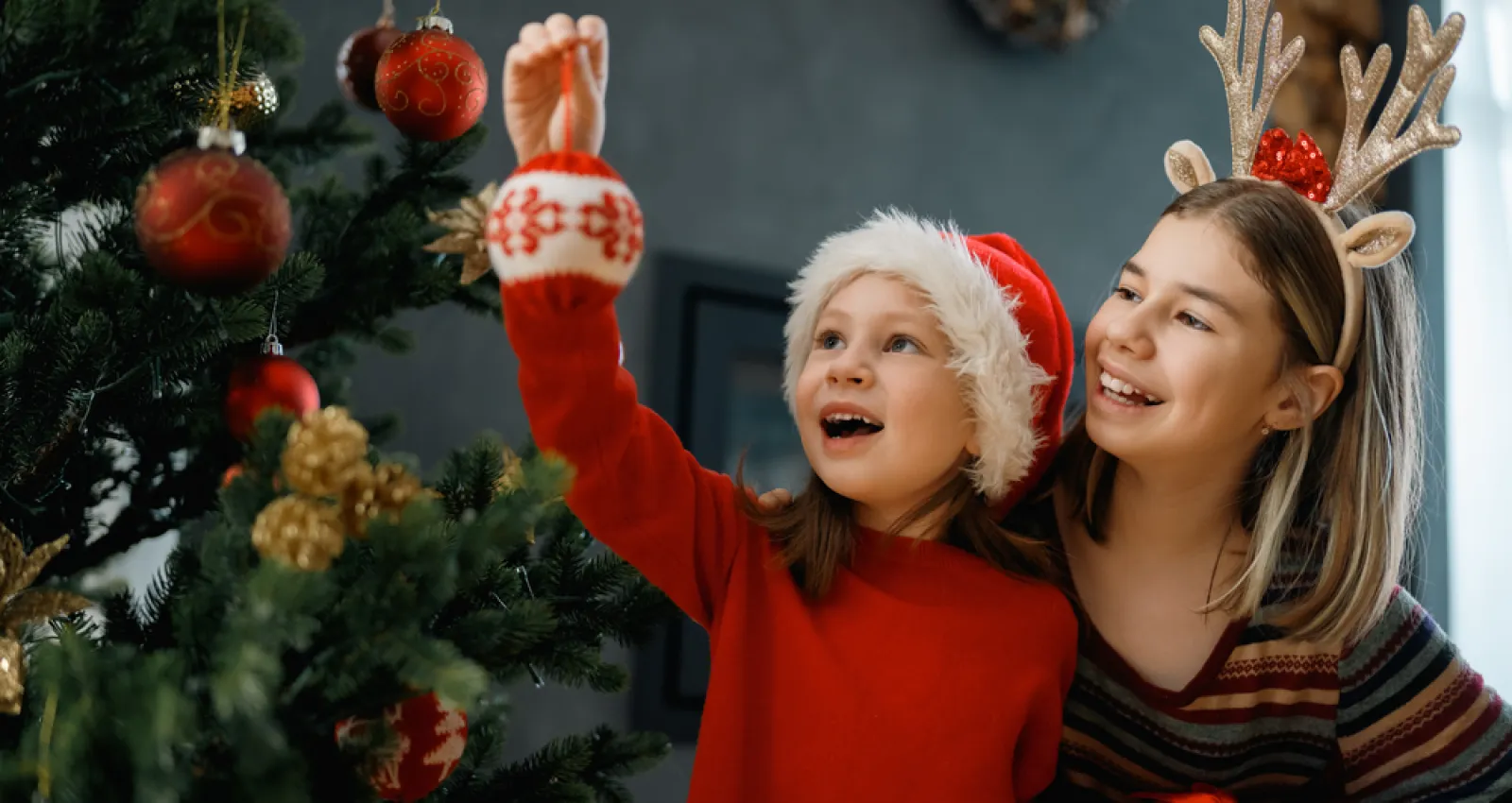 Foto de dos mujeres colgado items en el árbol de navidad