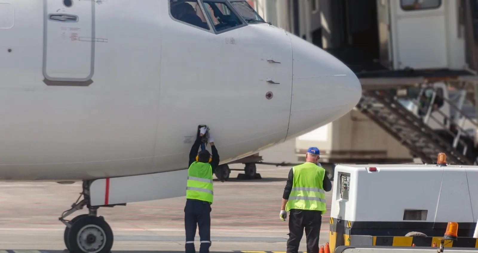 Foto de la trompa de un avión con dos personas debajo 