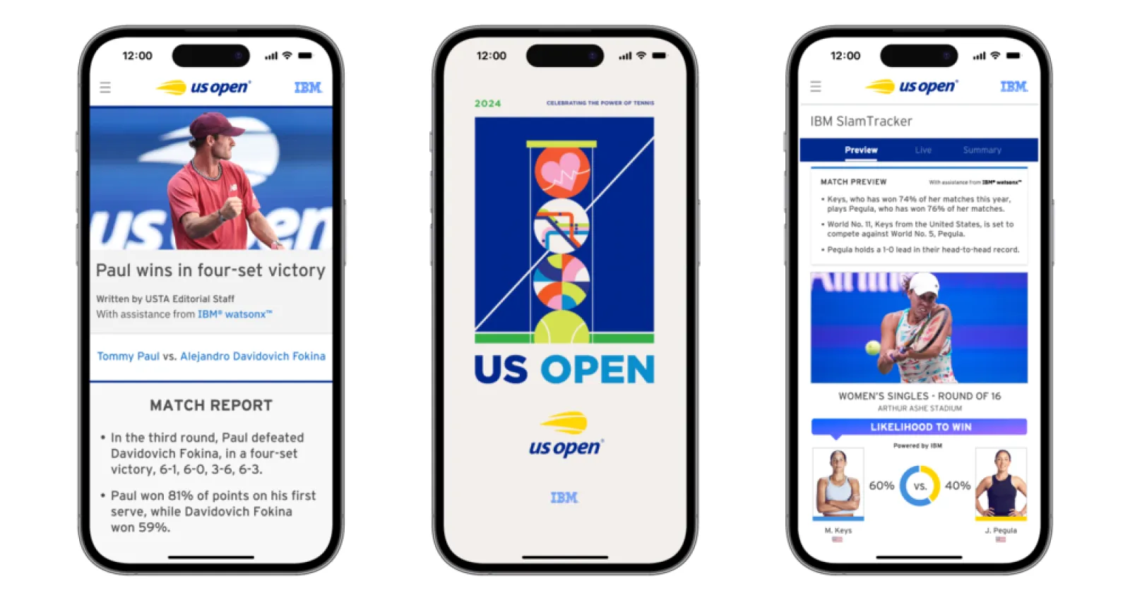 Foto de tres celulares mostrando imagenes de Us Open