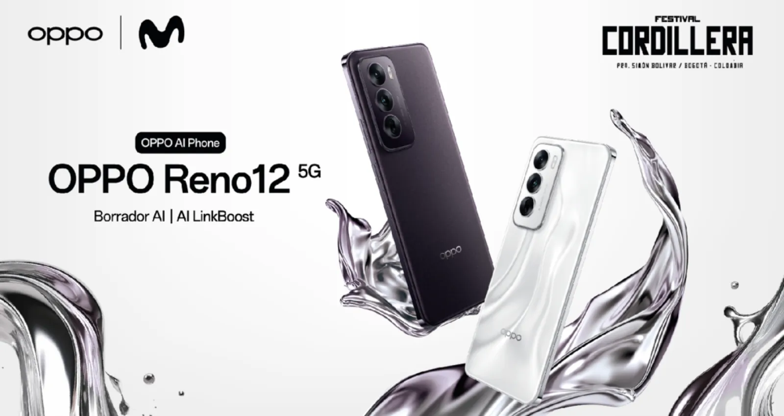 Foto de un celular blanco y negra con un letrero al lado izquierdo que indica OPPO Reno 12 5G