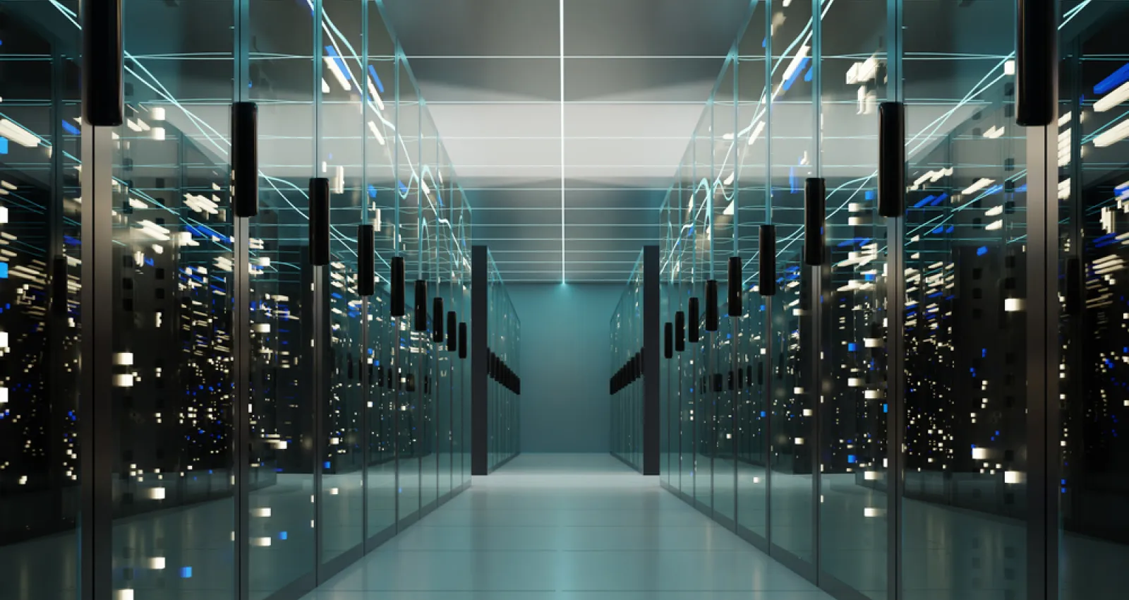 Foto de un centro de datos con tonos de verde y negro