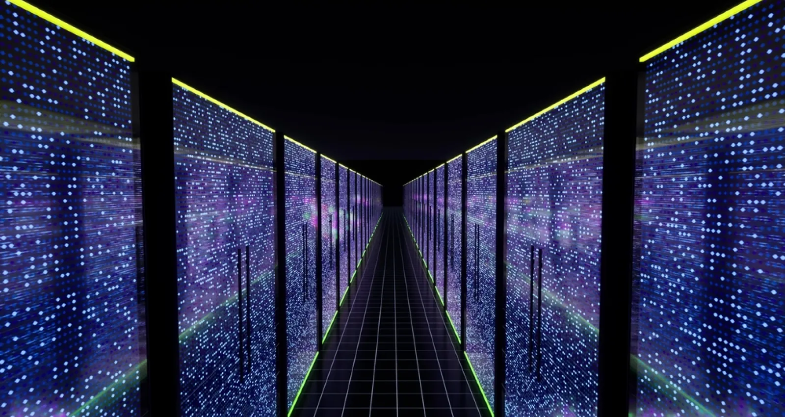 Foto de un centro de datos desde adentro con luces de colores que contastan con la oscuridad
