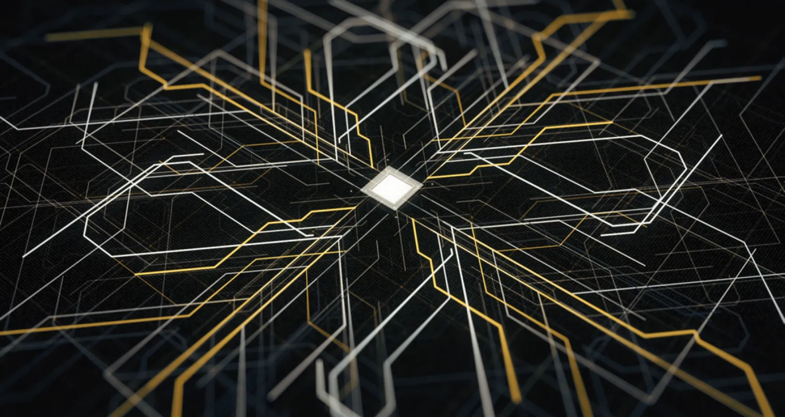 Foto de un chip con varias lineas de colores a su alrededor