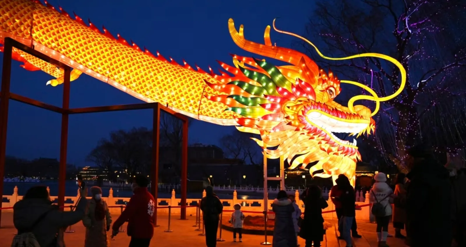 Foto de un dragón lleno de luces, nuevo año lunar