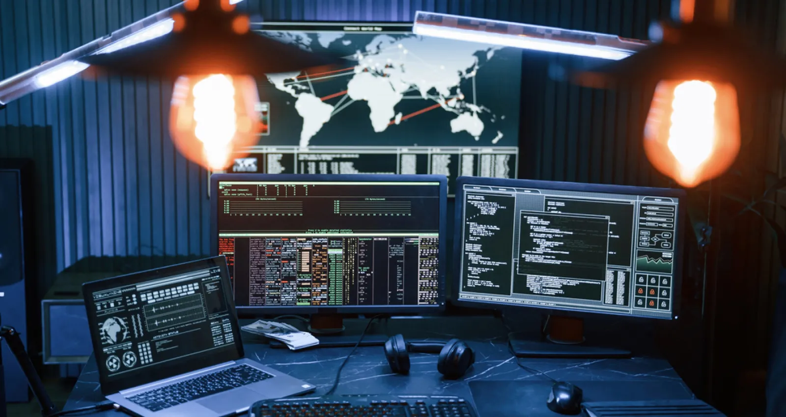 Foto de un escritorio oscuro con tres computadores
