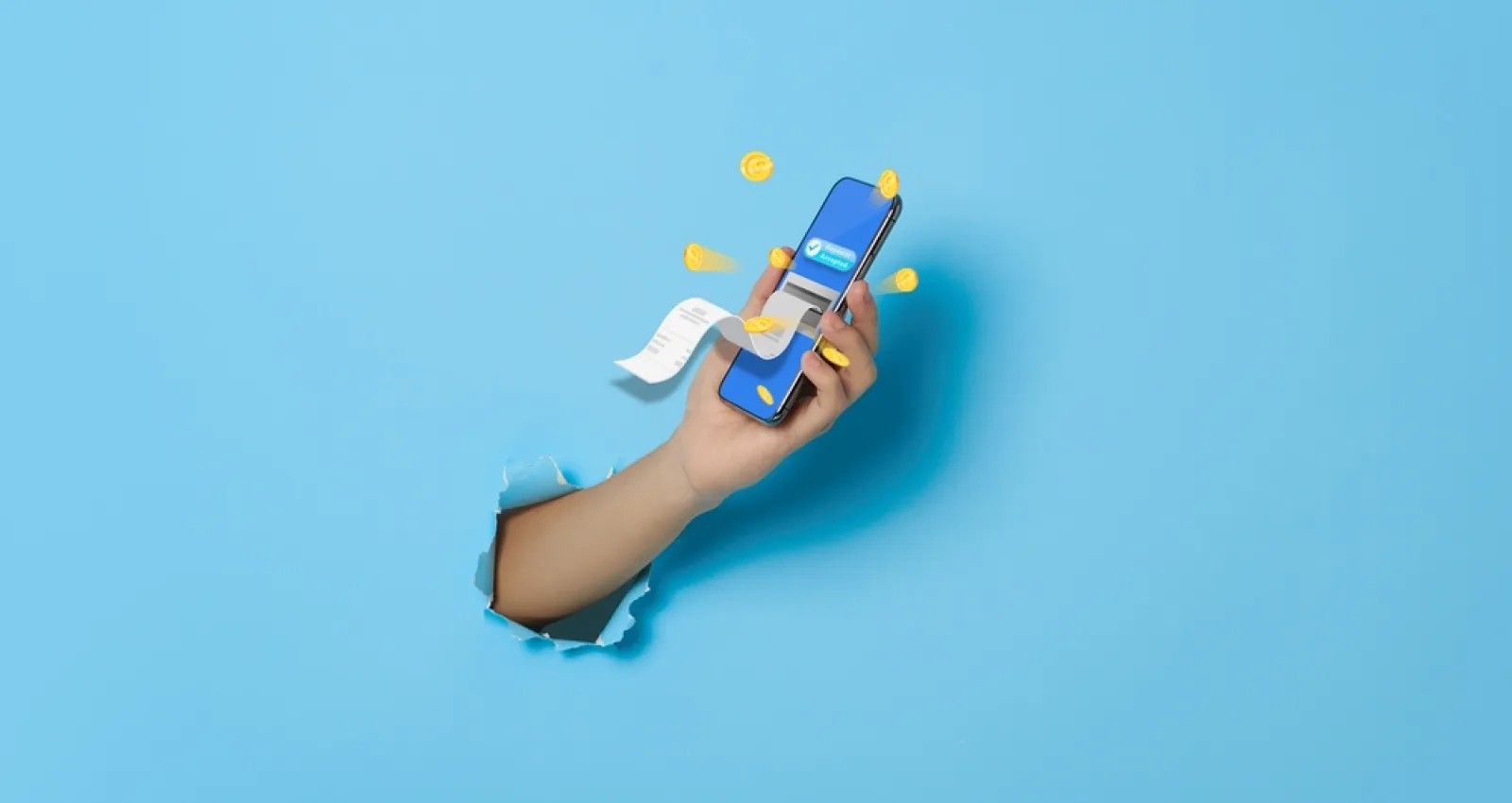 Foto de una ilustración de una mano recibiendo una factura en el celular