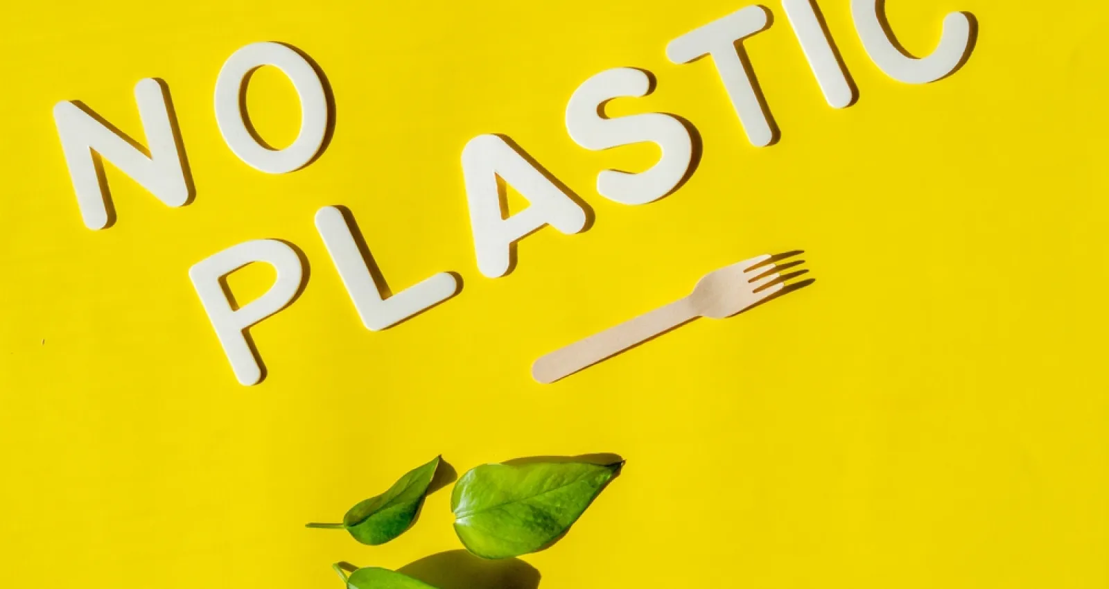 Foto de una imagen amarilla con letras que dice no plastic