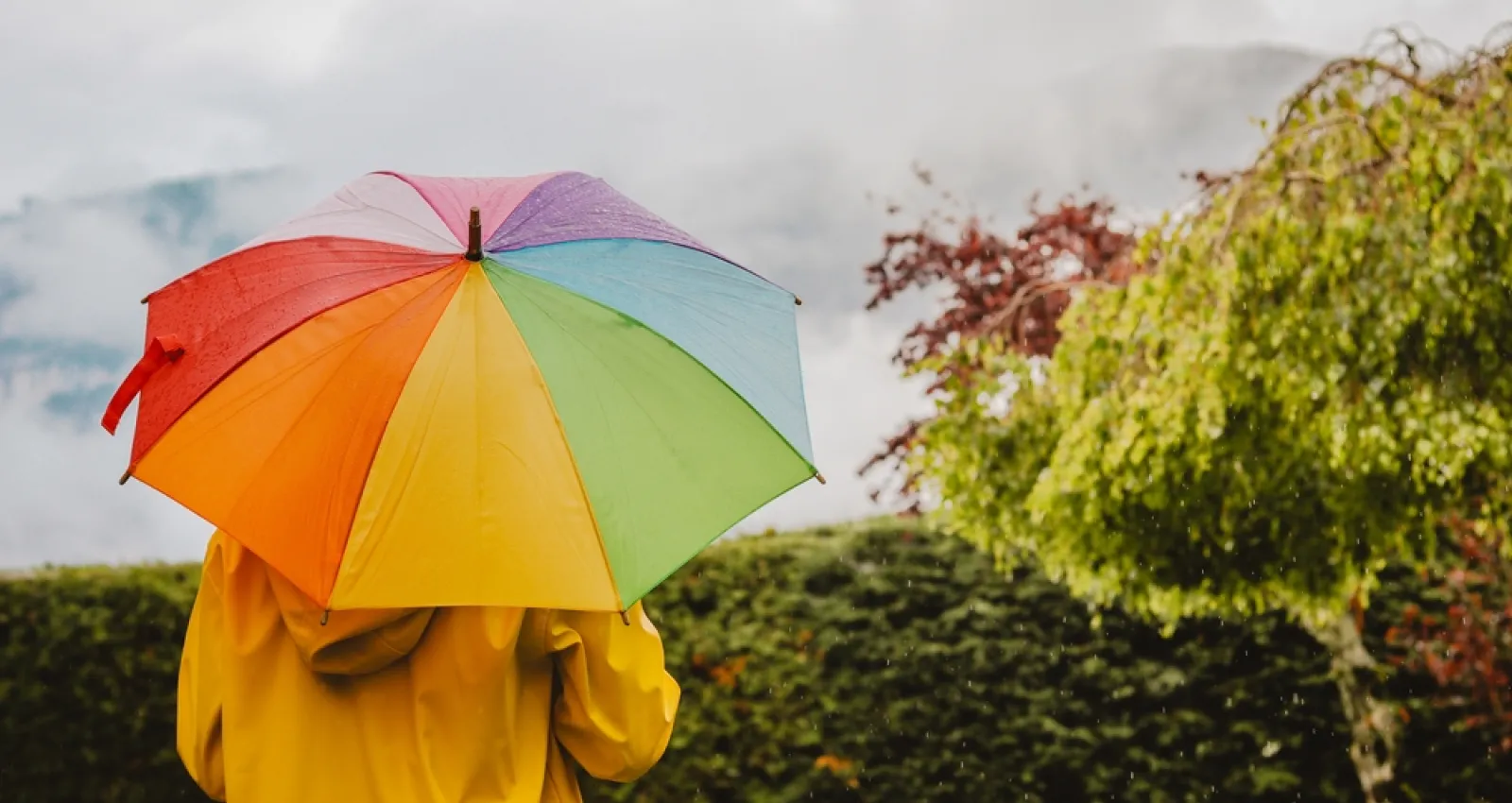 Foto de una mujer con un paraguas abierto de varios colores  de fondo a la cámara