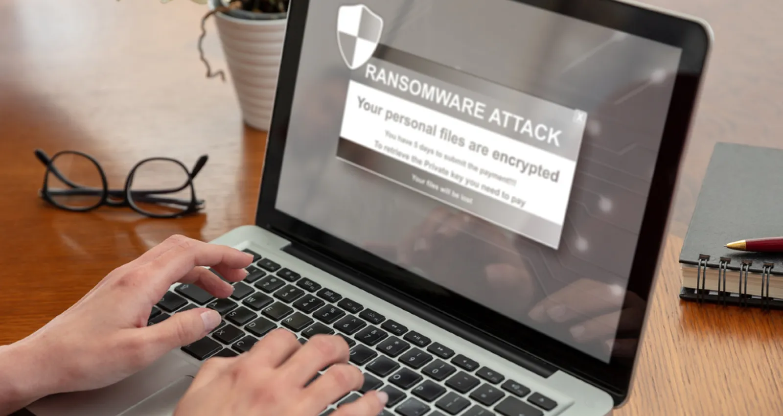 Foto de una persona escribiendo sobre un computador y un aviso en la pantalla