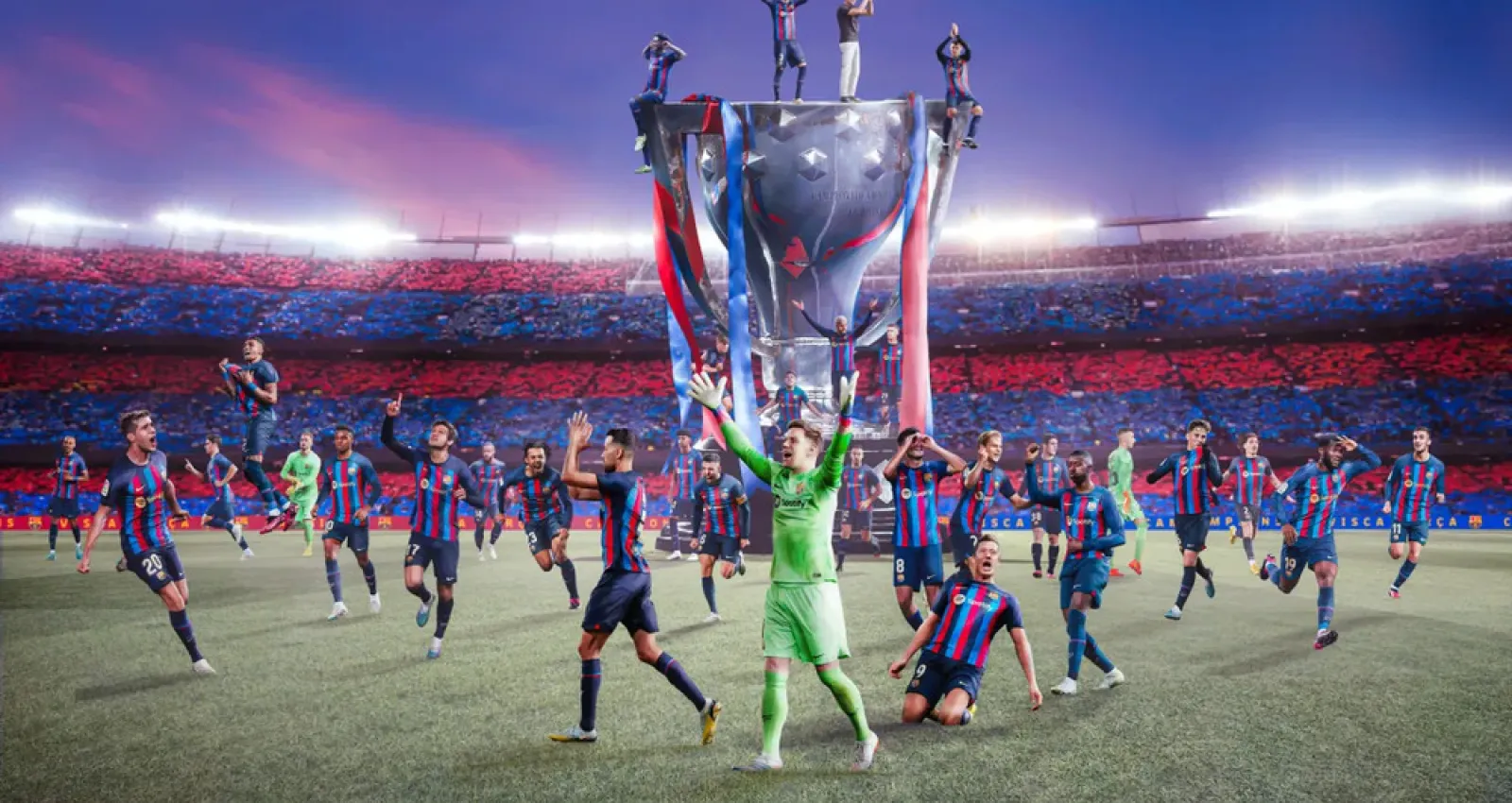 Foto del barcelona celebrando con una copa gigante de fondo