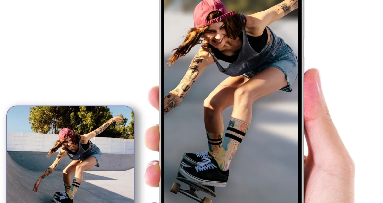 Foto de una mujer andando en patineta. La imagen se muestra sobre un samsung galaxy