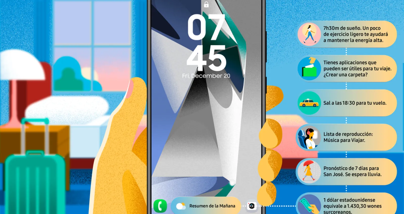 Ilustración de un celular con notificaciones al costado