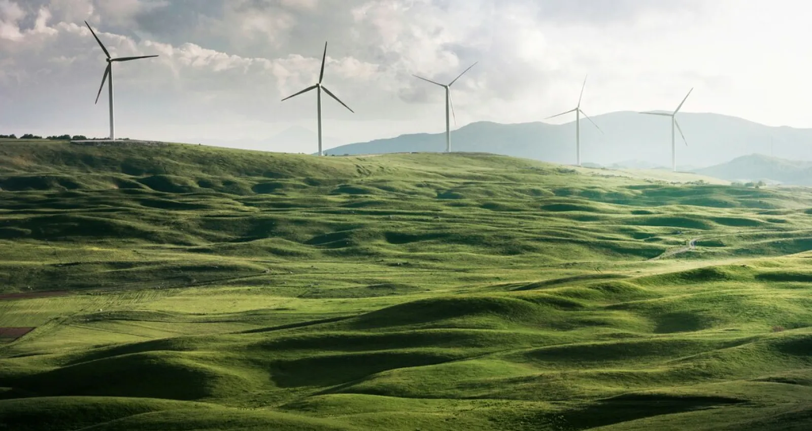 Foto de campo verde con tecnología eólica 