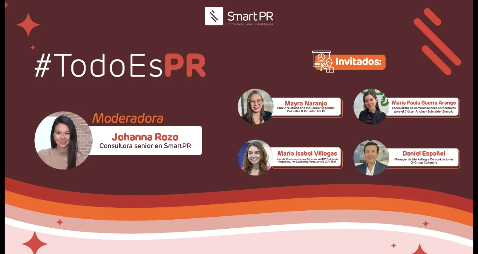 Imagen promocional de varias personas en una foto con fondo rojo, vino tinto y naranja