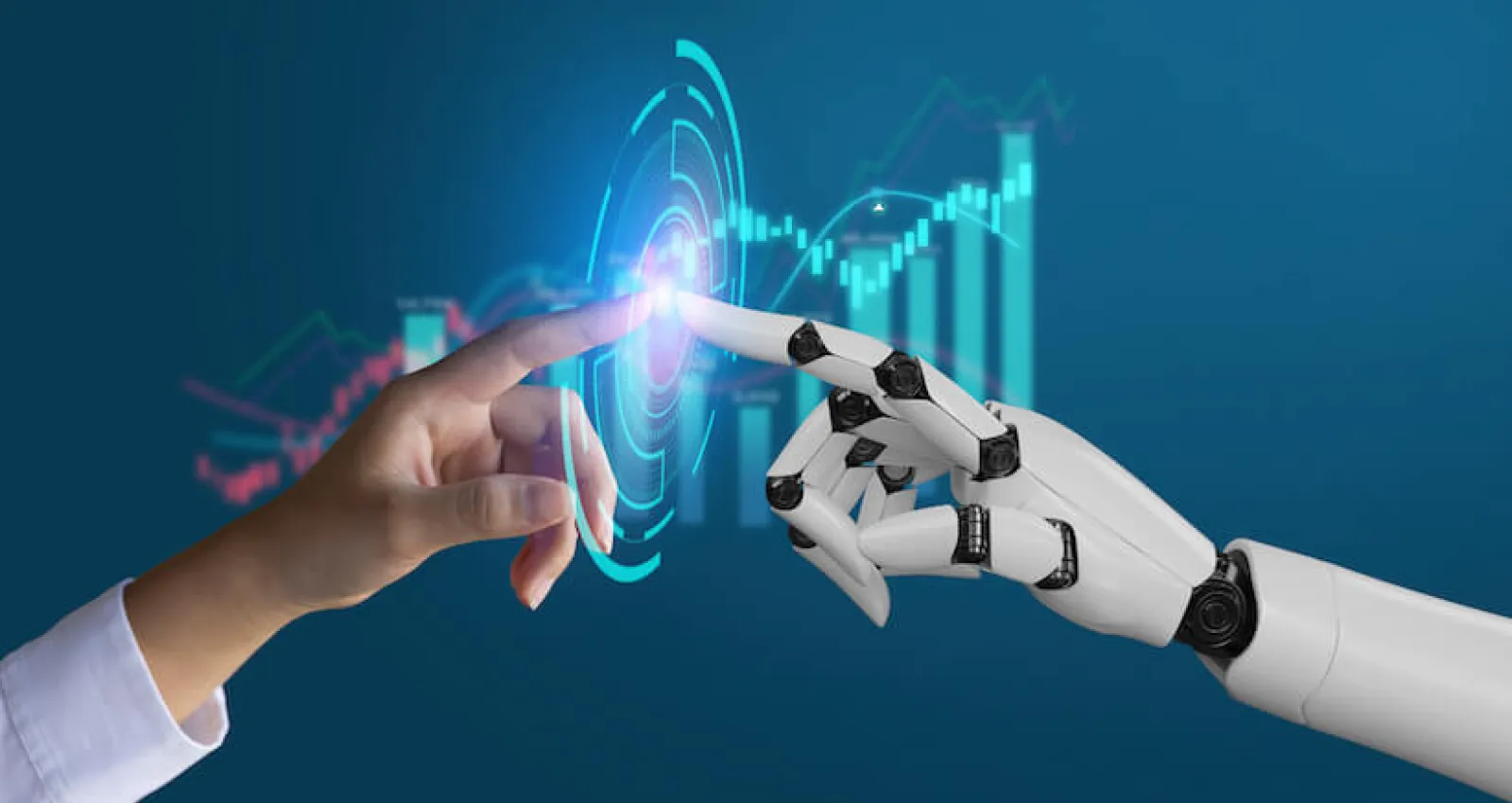 Imagen de inteligencia artificial de una mano humana que se toca con una mano de robot
