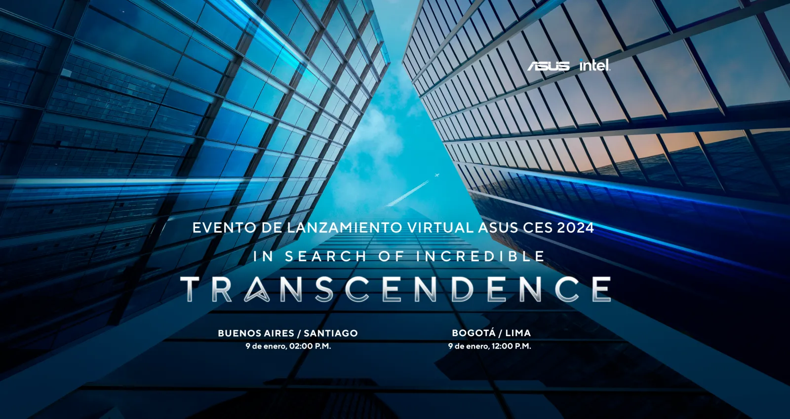 Imagen futurista de dos edificios con cristales encontrados y un letraro que anuncia, en la mitad, el nombre del evento