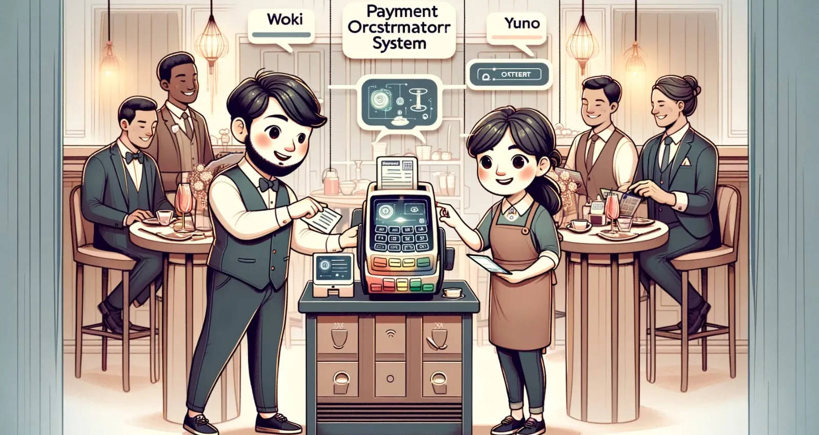Dibujo animado de personas pagando un producto 