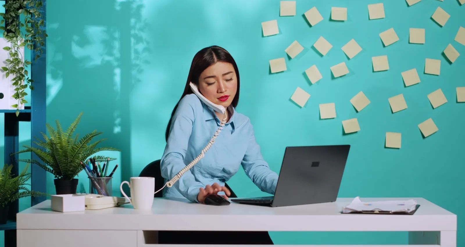Mujer hablando por teléfono, mirando el computador y con muchos stickers pegados en la pared