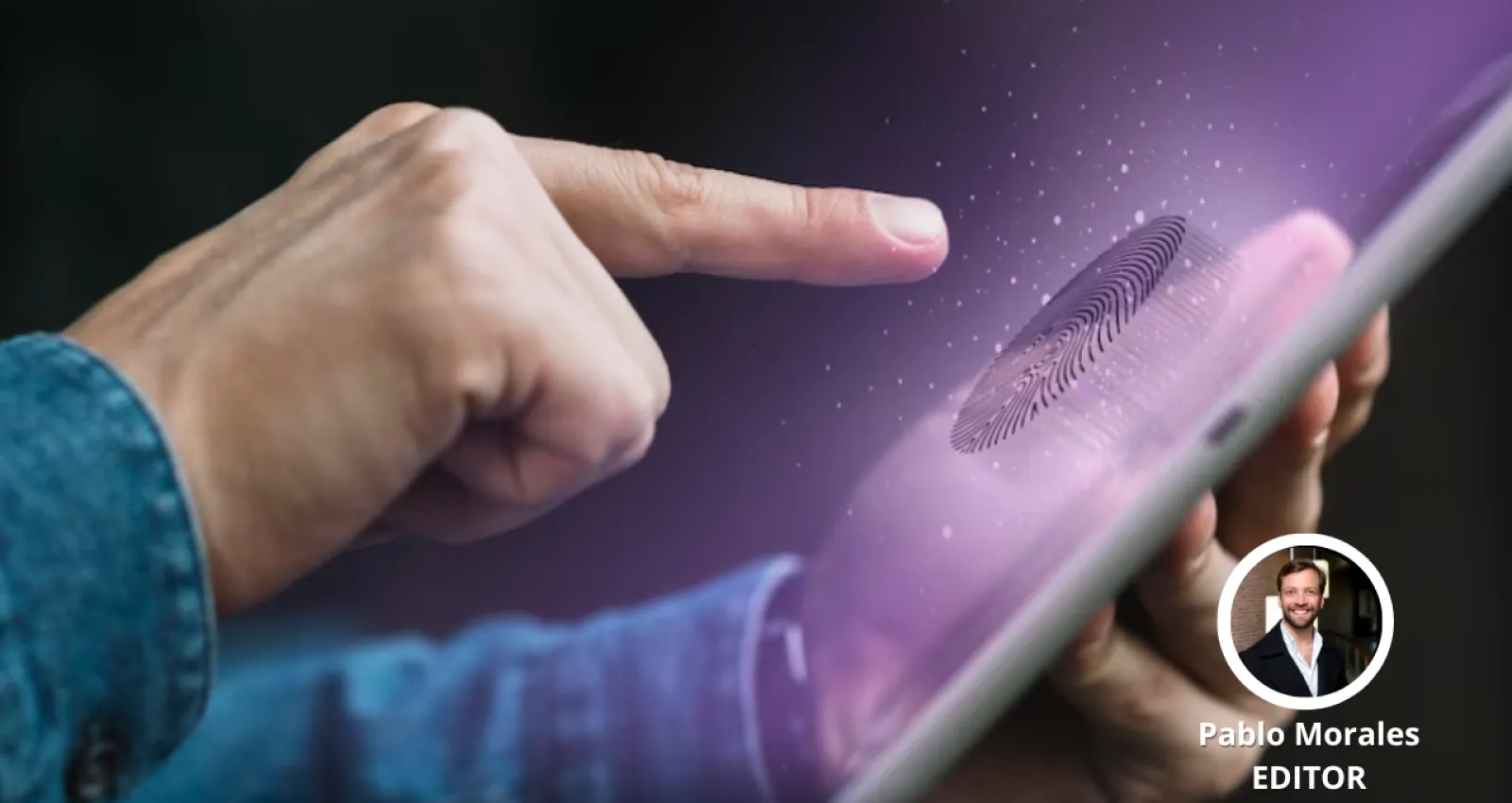Imagen de un dedo oprimiendo una tablet con un ícono en la parte baja que muestra la foto de una persona
