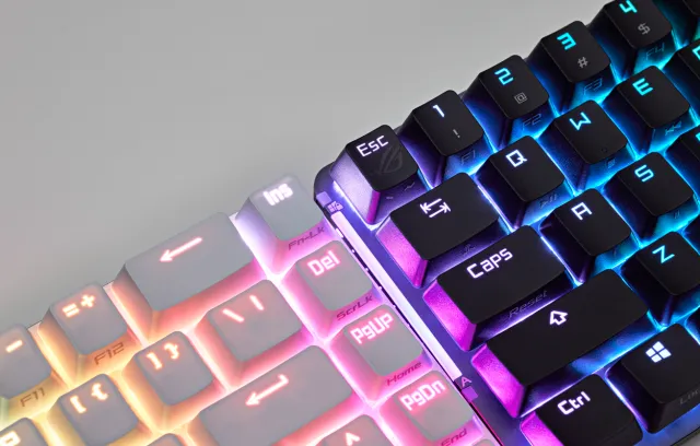 Imagen de un teclado en blanco y negro con luces de neon