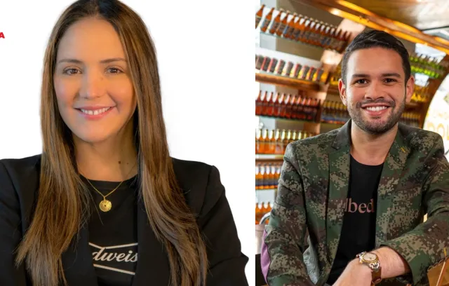 Foto de dos personas (un hombre y una mujers) y en la esquina un logo de Bavaria
