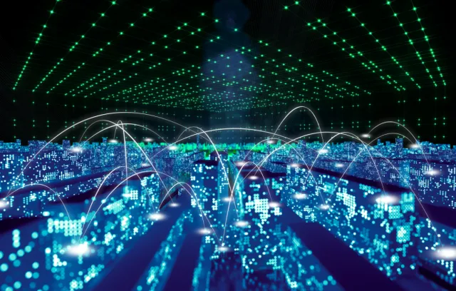 Foto de varios computadores conectados por luces tenues