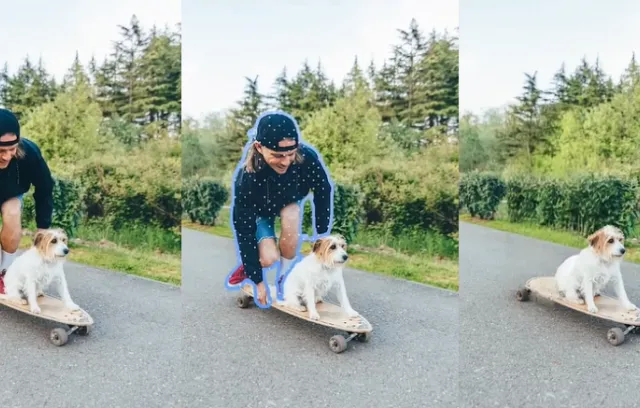 persona en un skate junto a un perro