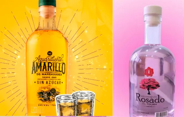 Foto de botellas de aguardiente: una amarilla y otra rosada