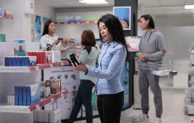 Foto d euna mujer en una tienda mirando un objeto en la mano