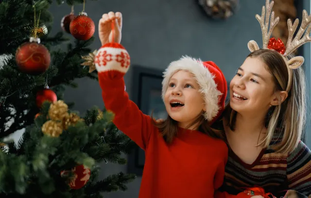 Foto de dos mujeres colgado items en el árbol de navidad