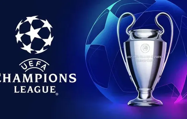 Foto de la champions league, del trofeo y del logo