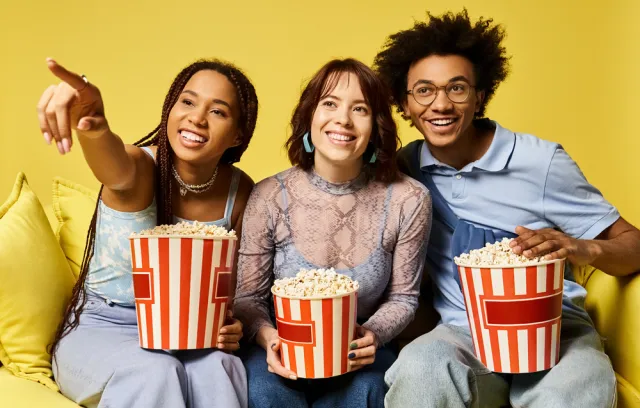 Foto de tres personas sentadas en un sofa