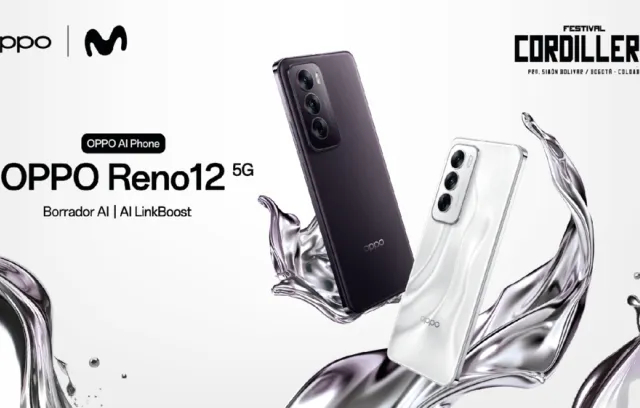 Foto de un celular blanco y negra con un letrero al lado izquierdo que indica OPPO Reno 12 5G