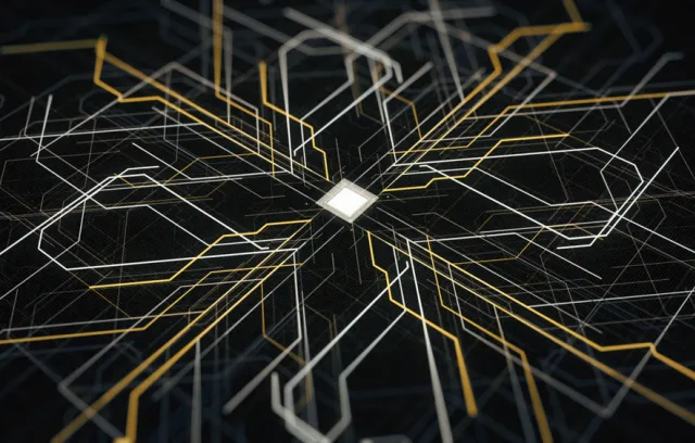 Foto de un chip con varias lineas de colores a su alrededor