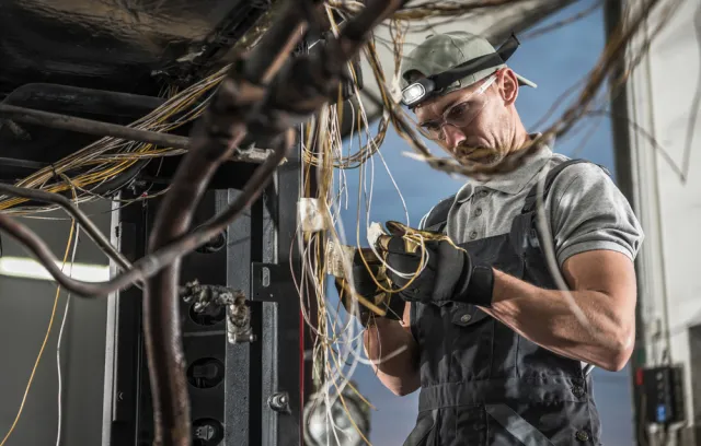 Foto de un electricista trabando con cables en sus manos