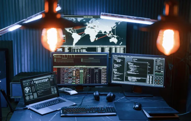 Foto de un escritorio oscuro con tres computadores
