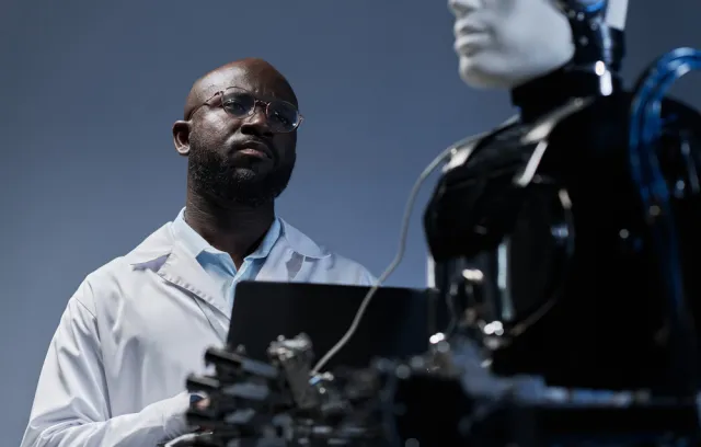 Foto de un hombre americano escribiendo sobre un teclado y mirando un robot