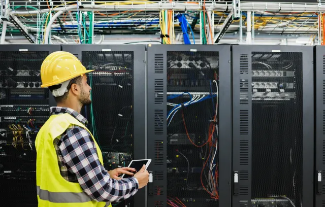 Foto de un hombre frente a un centro de datos  Schneider Electric