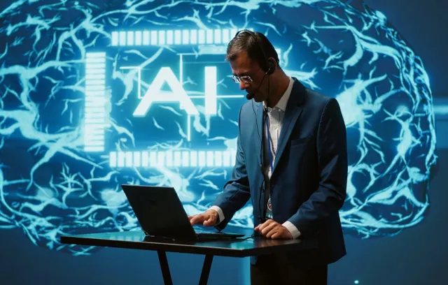 Foto de un señor utilizando un computador con un fondo que dice AI