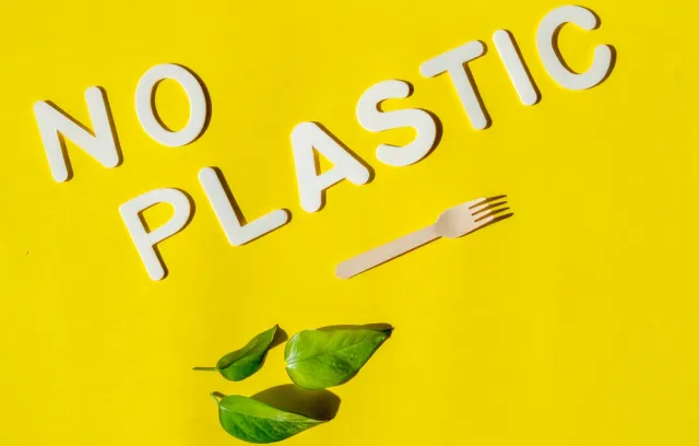 Foto de una imagen amarilla con letras que dice no plastic