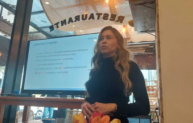 Foto de una mujer presentando frente a un televisor