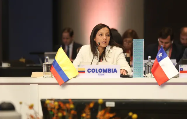 Foto de una mujer sentada en una mesa con banderas de colombia y chile