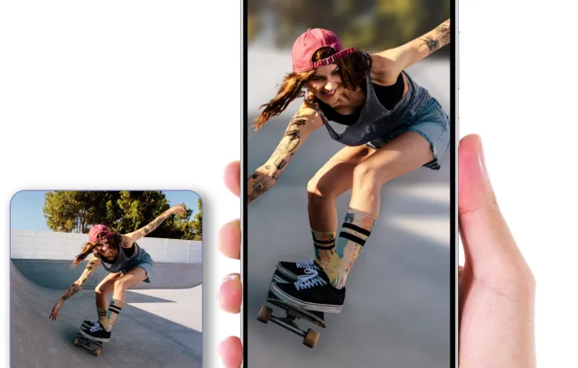 Foto de una mujer andando en patineta. La imagen se muestra sobre un samsung galaxy