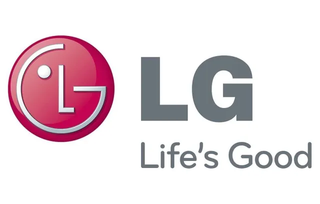 Foto del logo de LG: color rojo con letras grises y fondo blanco