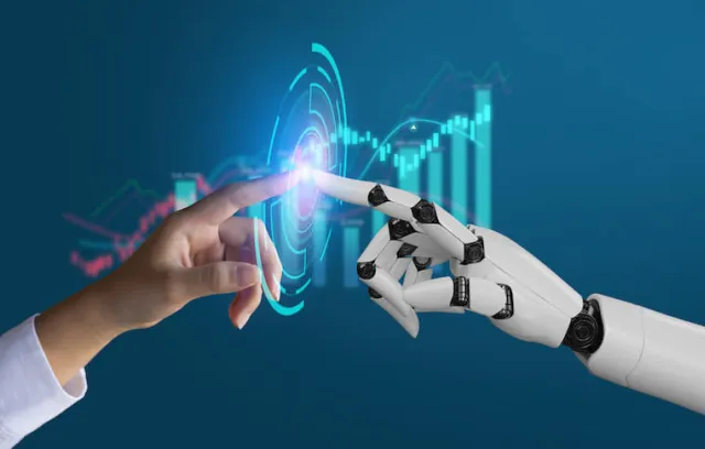 Imagen de inteligencia artificial de una mano humana que se toca con una mano de robot