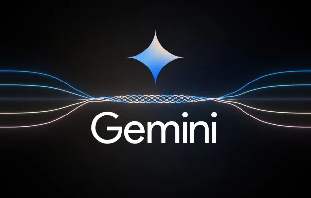 Fotografía de la presentación de Gemini, aparece en la pantalla con un diseño tecnológico de colores con un contraste negro